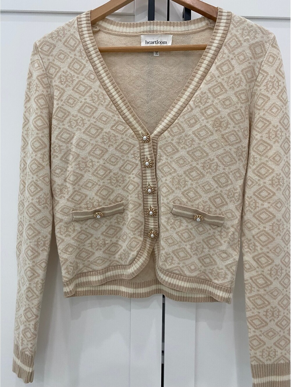 heartloom Beige Patterned V-Neck Cardigan Sweater Size S